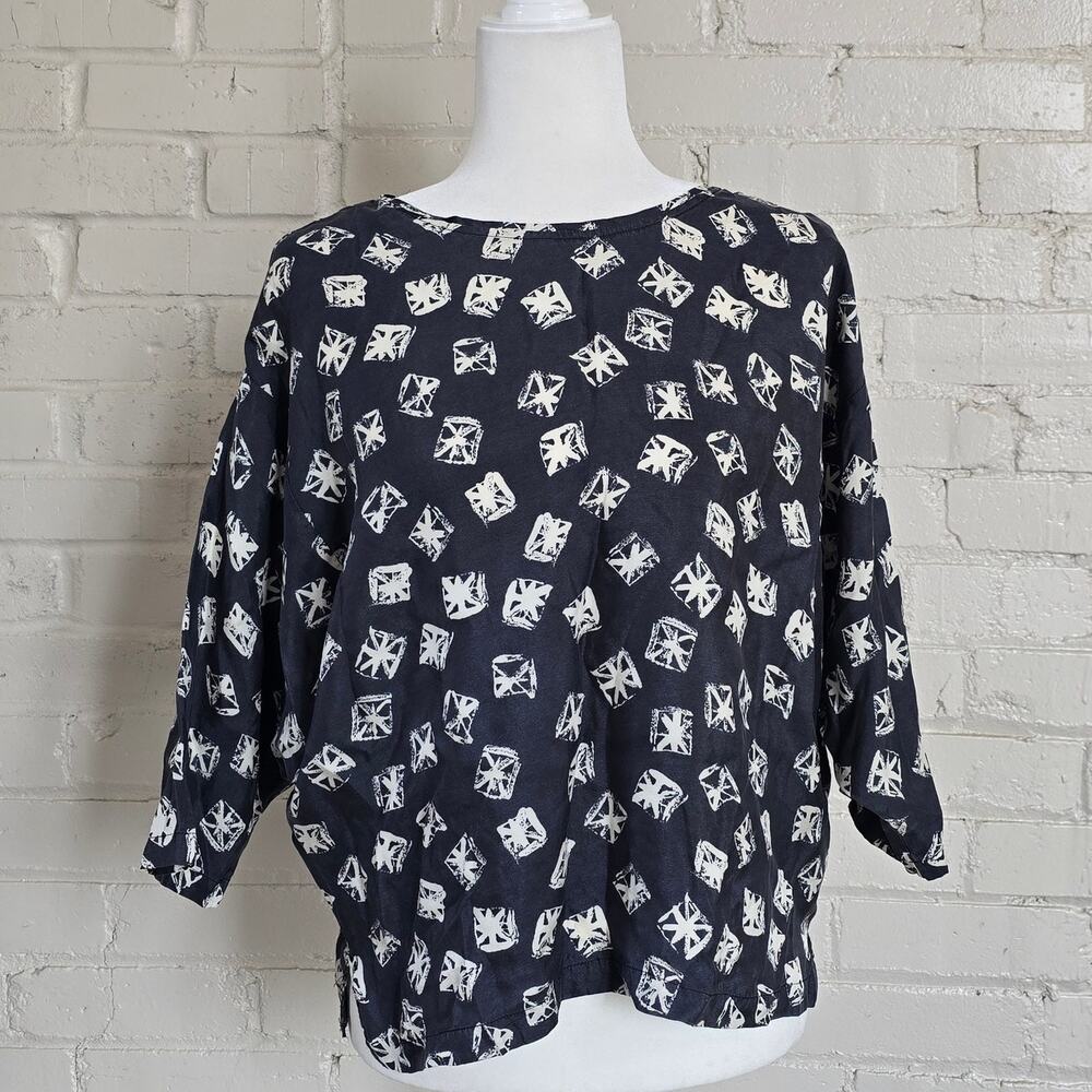 Vintage CHAR Black Silk Batwing Blouse | Retro Abstract Geometric Crop Top